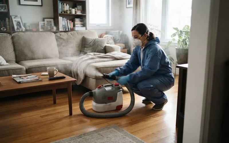 A technician in protective gear disinfecting a cleared room with a fogging machine as part of a post-cleanout sanitizing service